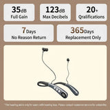Hearing aid with specifications on a beige background