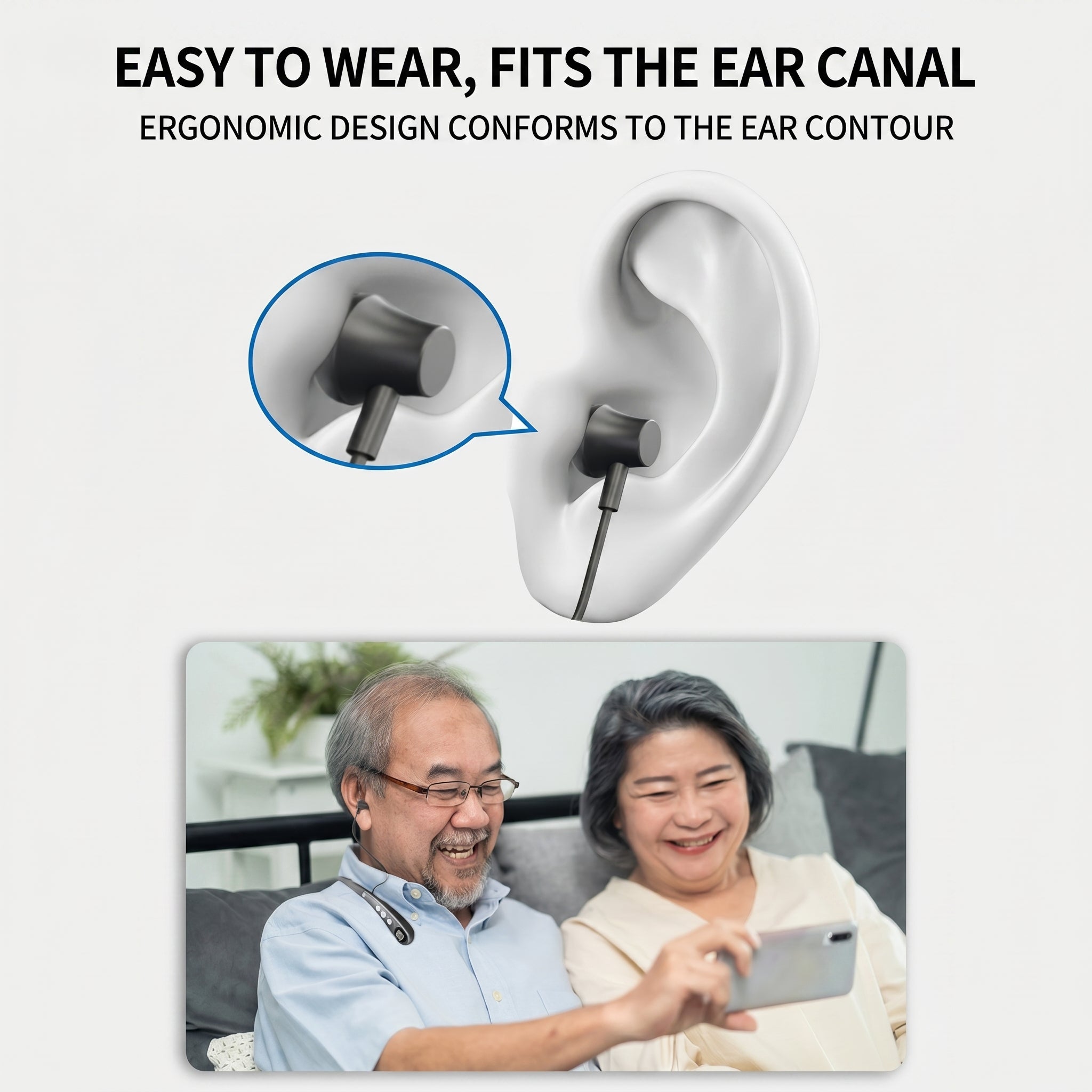 Ergonomic earbud design with text highlighting ease of wear and ear canal fit, shown with an elderly couple using a smartphone.