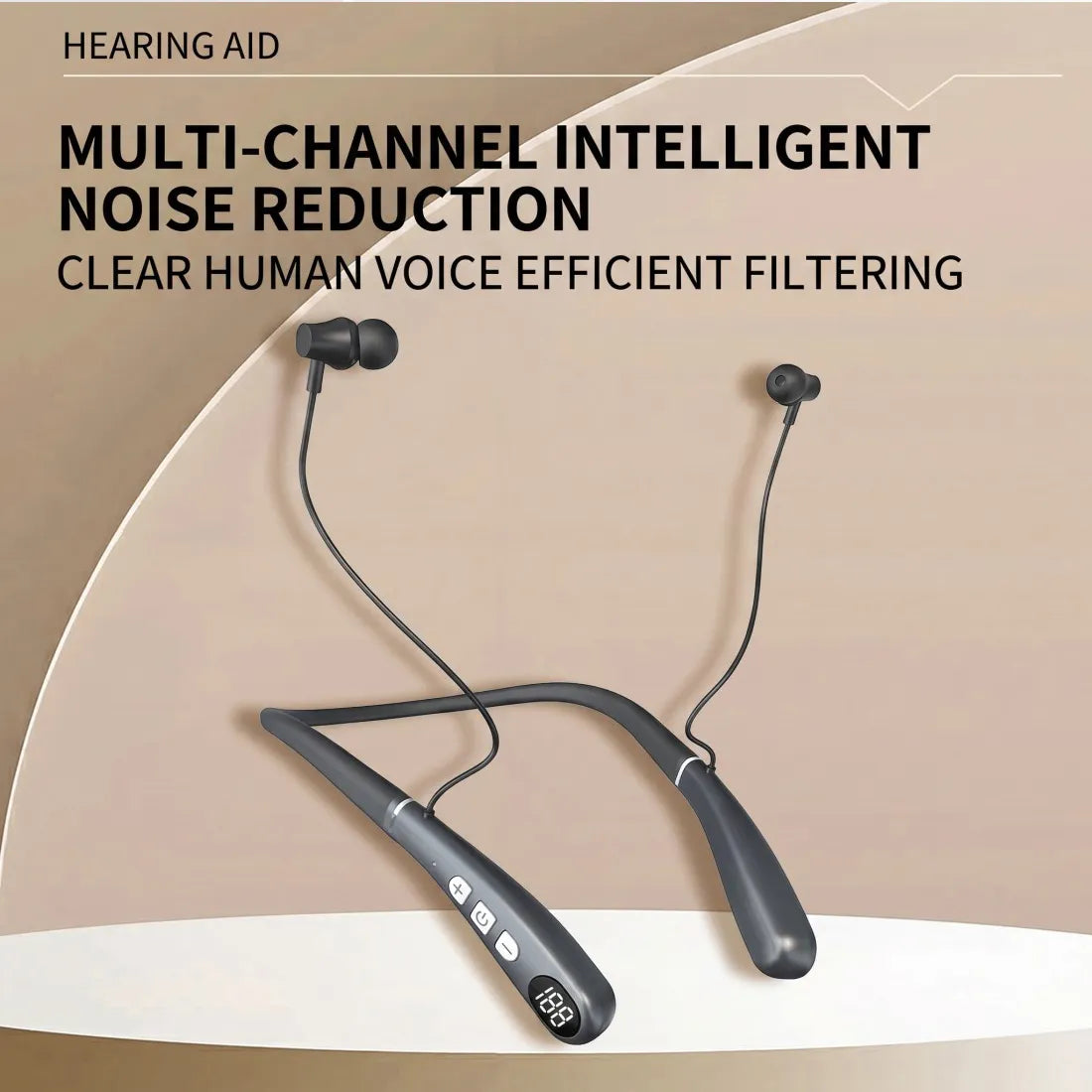 Hearing aid with text highlighting multi-channel intelligent noise reduction on a beige background