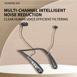 Hearing aid with text highlighting multi-channel intelligent noise reduction on a beige background