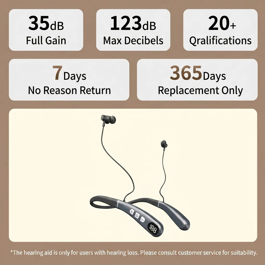 Hearing aid with specifications on a beige background