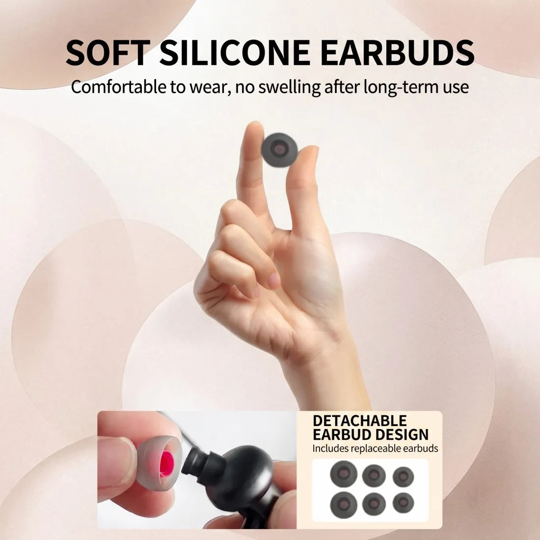 Soft silicone earbud with detachable design, shown being held by a hand.