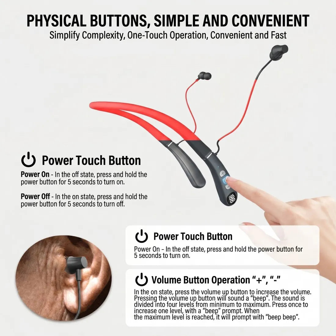 In-ear headphones with touch controls and user manual text on a white background