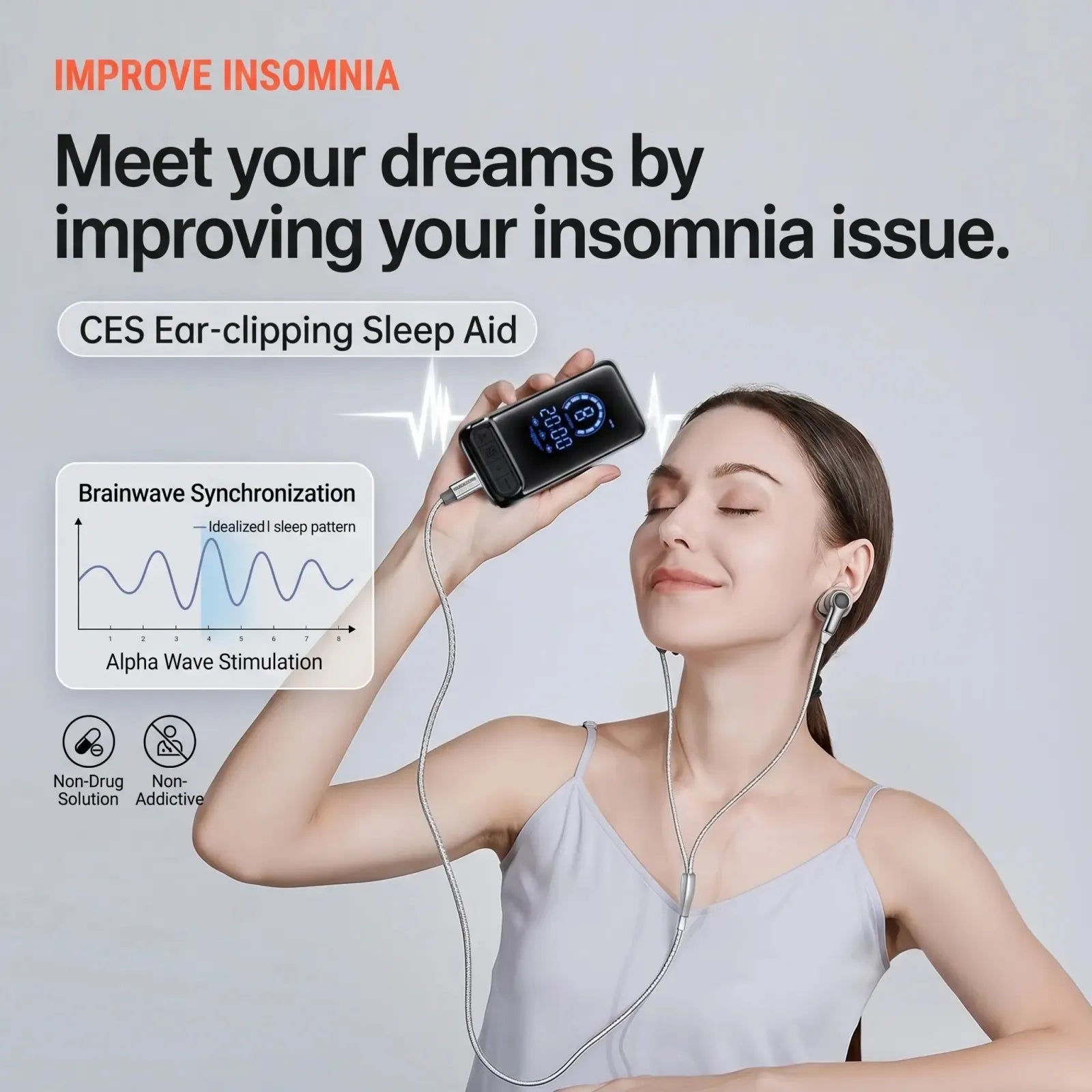 Rechargeable CES Ear-Clip Sleep Aid Device for Relaxation, Portable Micro-Current Sleep Support with Timer and 9 Intensity Levels